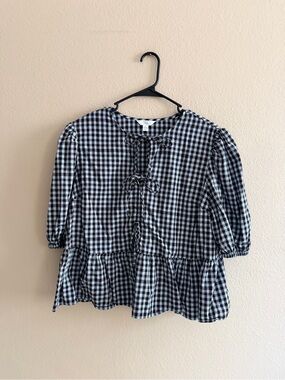 Time And Tru Gingham Puff Sleeve Bow Tie Front Blouse
